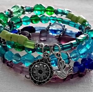 Handmade Wrap Bracelet Blue Green Purple Silver